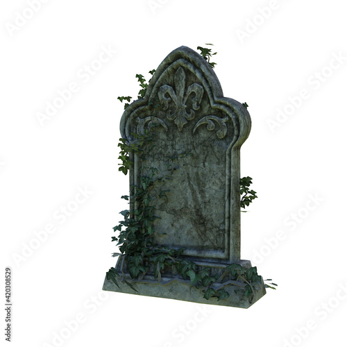 Fototapeta 3D illustration of an old grey gravestone with ivy.