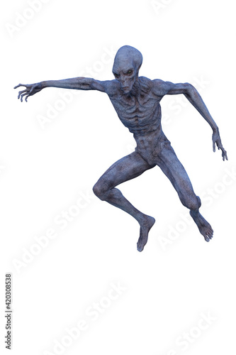 3D illustration of a blue grey skinned alien creature jumping.