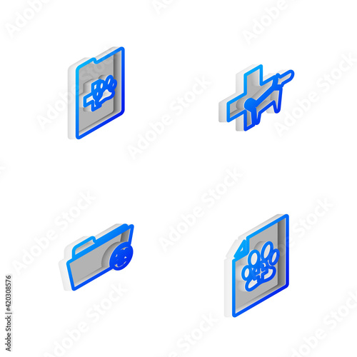 Set Isometric line Veterinary clinic, Clinical record pet, Medical veterinary folder and certificate for dog cat icon. Vector