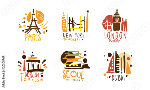 Touristic Logo Templates Design, Travel over the World, Paris, Dubai, London, Berlin, Seoul, New Yyork Emblems Hand Drawn Vector Illustration