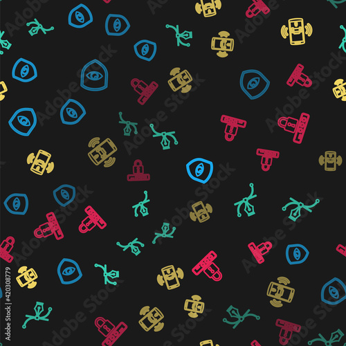 Set line Shield and eye, Bezier curve, Smart car alarm system and Password protection on seamless pattern. Vector