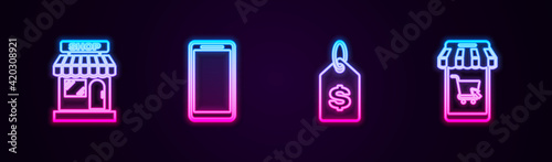 Set line Market store, Smartphone, mobile phone, Price tag with dollar and Mobile and shopping cart. Glowing neon icon. Vector