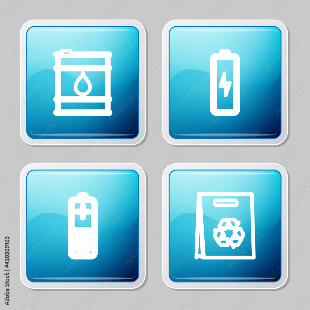 Set line Oil barrel, Battery, charge level indicator and Shopping bag with recycle icon. Vector Set line Oil barrel, Battery, charge level indicator and Shopping bag with recycle icon. Vector
