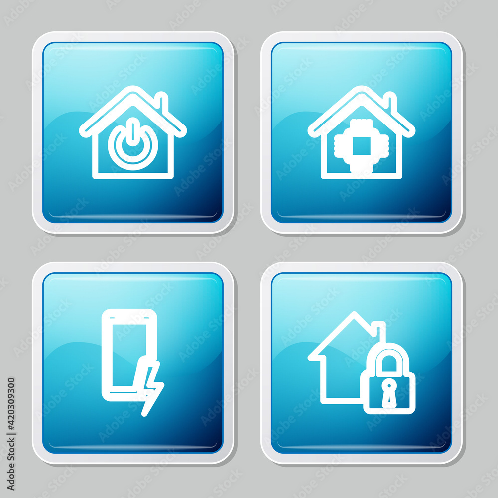 Set line Smart home, , Mobile charging battery and House under protection icon. Vector Set line Smart home, , Mobile charging battery and House under protection icon. Vector