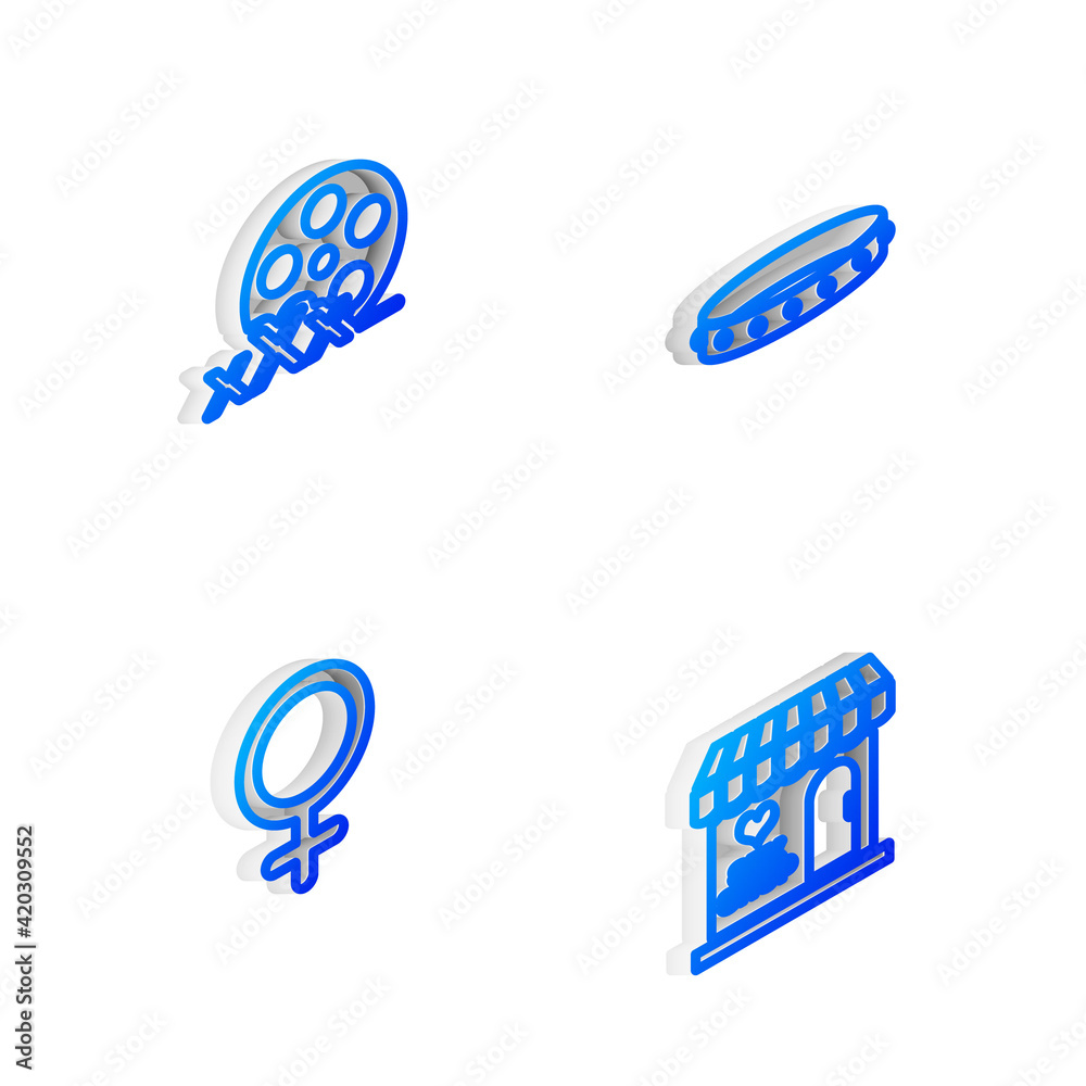Set Isometric line Leather fetish collar, Film reel with Sex, Female gender symbol and shop building icon. Vector Set Isometric line Leather fetish collar, Film reel with Sex, Female gender symbol and shop building icon. Vector