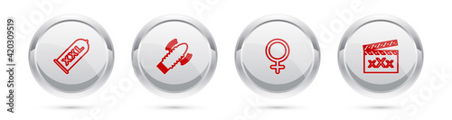 Set line Condom safe sex, Dildo vibrator for games, Female gender symbol and Movie clapper with Sex. Silver circle button. Vector