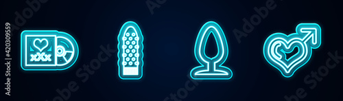 Set line Disc with inscription Sex, Dildo vibrator, Anal plug and Male gender and heart. Glowing neon icon. Vector