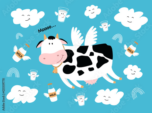 Adorable flying cow. Against the background of the blue sky. Cute flying clouds; milk scans, milk bottles. Child's drawing of a cow with wings. Illustration for children. Love milk. Cartoon animals