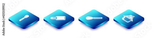 Set Isometric line Kitchen whisk, Grater, and Cooking pot icon. Vector