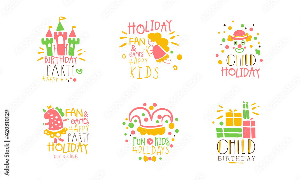 Birthday Party for Kids Logo Templates Design Set, Fun and Games Happy Party Holiday Colorful Hand Drawn Emblems Vector Illustration