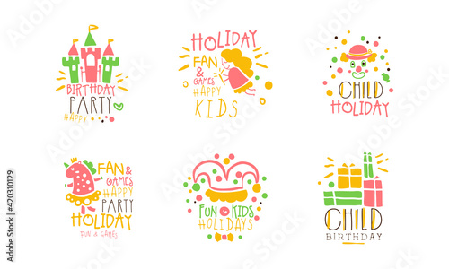 Birthday Party for Kids Logo Templates Design Set  Fun and Games Happy Party Holiday Colorful Hand Drawn Emblems Vector Illustration