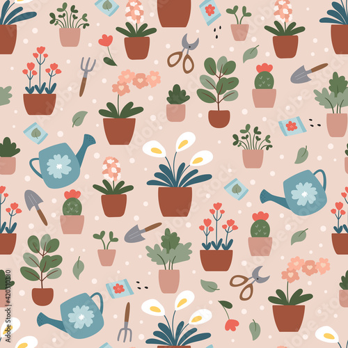 Vector seamless pattern with flowers and plants in pots. Home gardening illustration. Hand drawn garden tools.