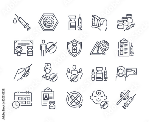 Large set of black and white line drawn vaccine and vaccination icons