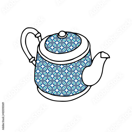 Black and blue hand drawing illustration of a clay kettle with hot water for tea or coffee isolated on a white background