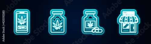 Set line Online buying marijuana, Medical bottle with, and Marijuana and cannabis store. Glowing neon icon. Vector