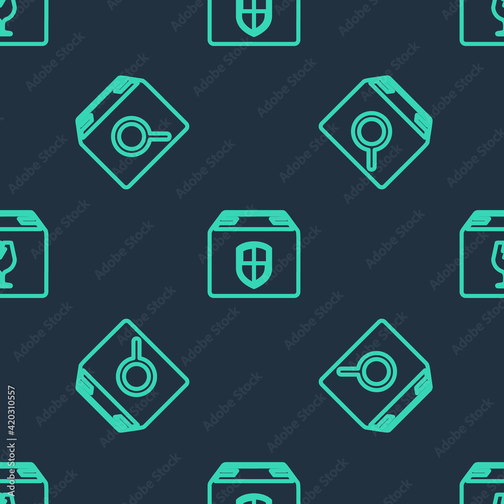 Set line Delivery box security shield, Search package and with fragile content on seamless pattern. Vector