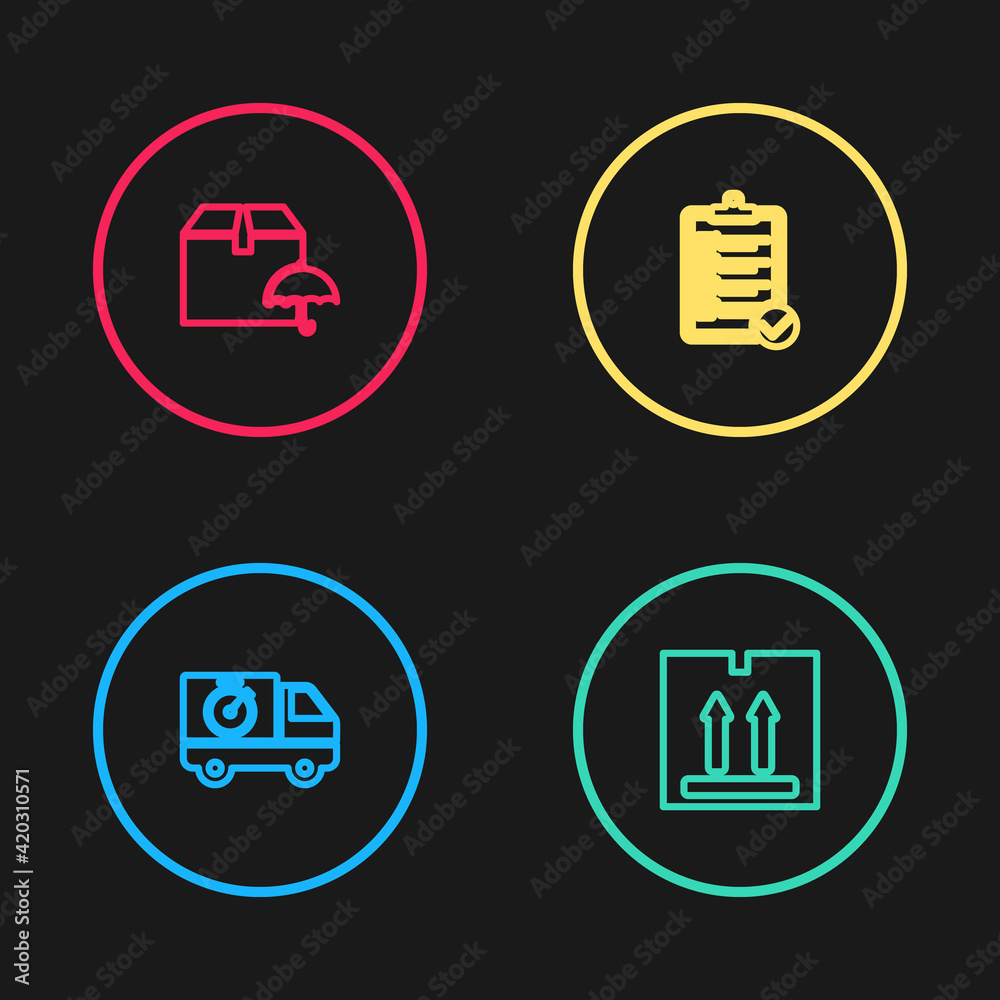 Set line Delivery truck and stopwatch, Cardboard box with traffic, Verification of delivery list and package umbrella icon. Vector Set line Delivery truck and stopwatch, Cardboard box with traffic, Verification of delivery list and package umbrella icon. Vector