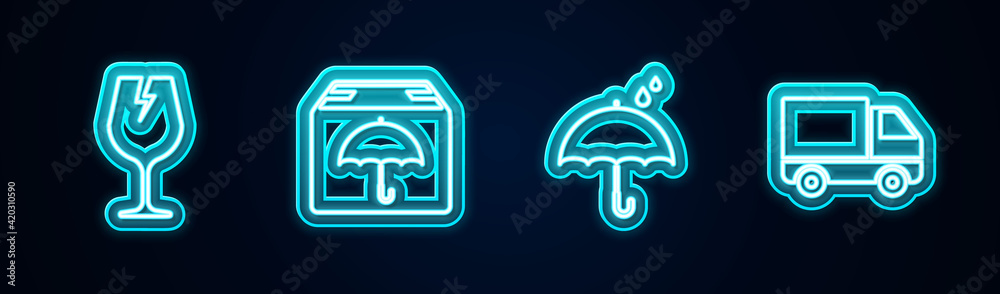 Set line Fragile broken glass, Delivery package with umbrella, Umbrella and rain drops and cargo truck vehicle. Glowing neon icon. Vector Set line Fragile broken glass, Delivery package with umbrella, Umbrella and rain drops and cargo truck vehicle. Glowing neon icon. Vector