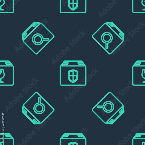 Set line Delivery box security shield, Search package and with fragile content on seamless pattern. Vector