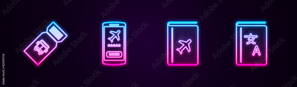 Set line Bus ticket, Mobile with, Cover book travel guide and Translator. Glowing neon icon. Vector Set line Bus ticket, Mobile with, Cover book travel guide and Translator. Glowing neon icon. Vector