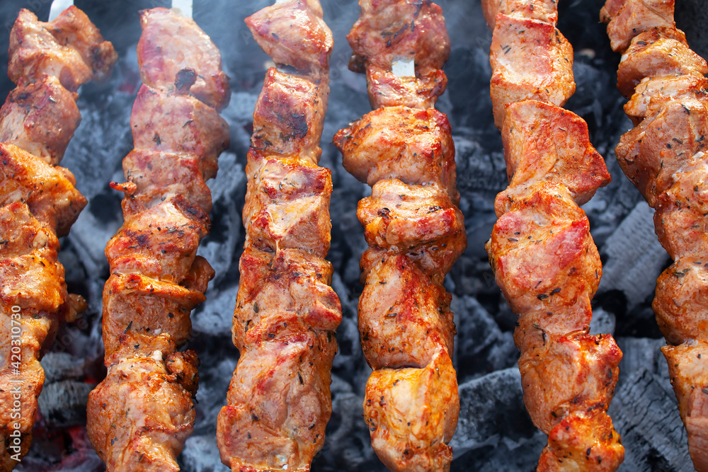 grilled barbecue meat on skewers grilled barbecue meat on skewers