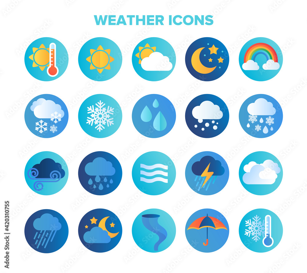 Large set of circular blue weather or meteorological icons