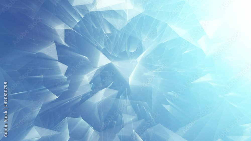 Loop features animated science based shapes, connected lines, triangles and blurry dots on a blue shining background.