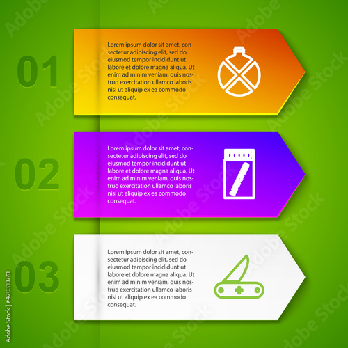 Set line Canteen water bottle, Open matchbox and matches, Swiss army knife and Wooden axe in stump. Business infographic template. Vector