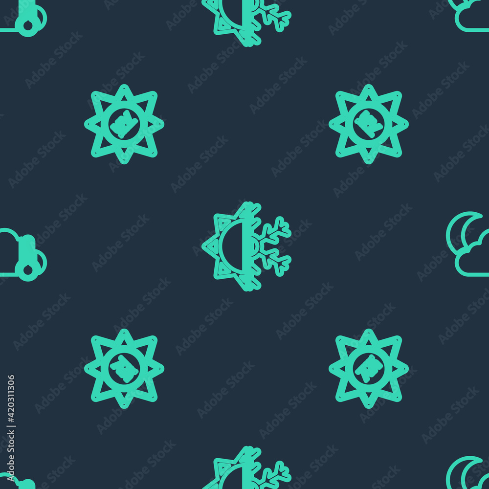 Set line Sun and snowflake, UV protection and Thermometer cloud, moon on seamless pattern. Vector Set line Sun and snowflake, UV protection and Thermometer cloud, moon on seamless pattern. Vector