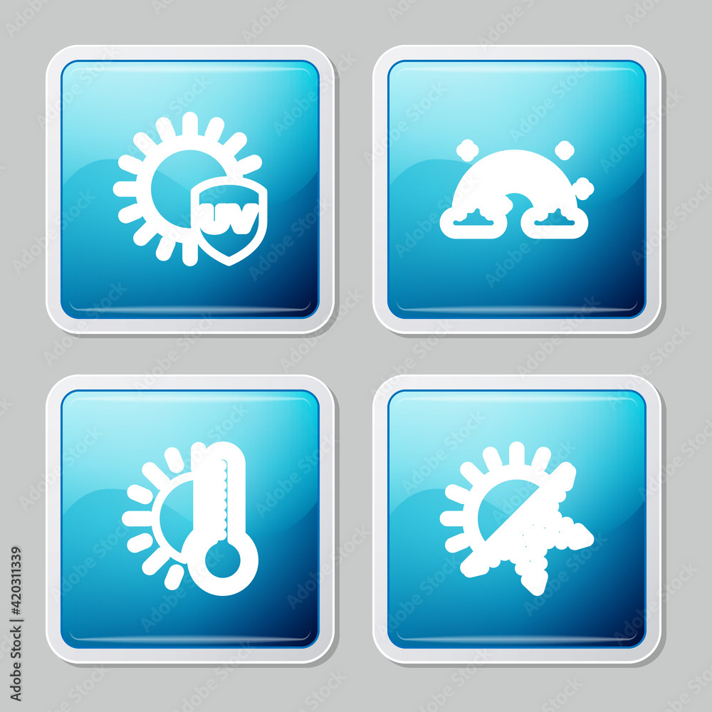 Set line UV protection, Rainbow with clouds, Thermometer sun and Sun and snowflake icon. Vector Set line UV protection, Rainbow with clouds, Thermometer sun and Sun and snowflake icon. Vector