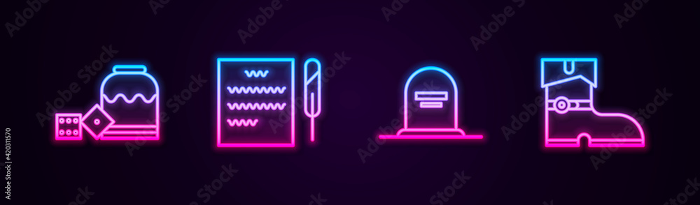 Set line Pirate game dice, Feather pen and scroll, Tombstone with RIP written and Leather pirate boots. Glowing neon icon. Vector Set line Pirate game dice, Feather pen and scroll, Tombstone with RIP written and Leather pirate boots. Glowing neon icon. Vector
