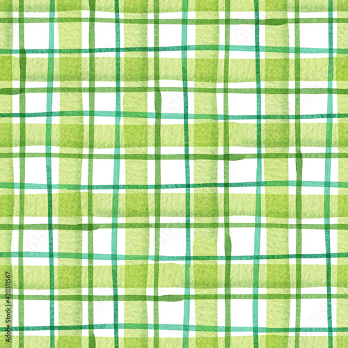 Green tartan seamless pattern. Watercolor plaid background