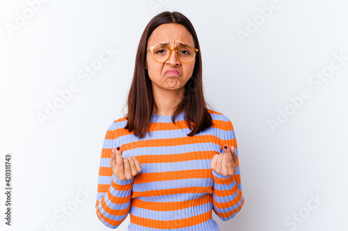 Young mixed race woman isolated showing that she has no money.