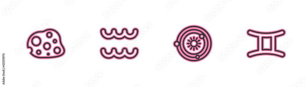 Set line Asteroid, Solar system, Aquarius zodiac and Gemini icon. Vector Set line Asteroid, Solar system, Aquarius zodiac and Gemini icon. Vector