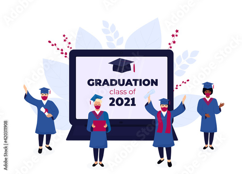 Virtual online graduation ceremony on a laptop monitor during coronavirus quarantine. Tiny graduates in protective masks, in gowns and mortarboards celebrate completion of studies. Class of 2021