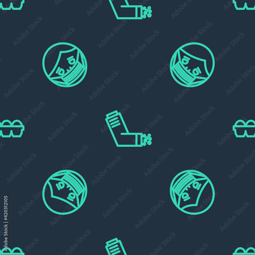 Set line Inhaler, Face in protective mask and Chicken egg box on seamless pattern. Vector Set line Inhaler, Face in protective mask and Chicken egg box on seamless pattern. Vector
