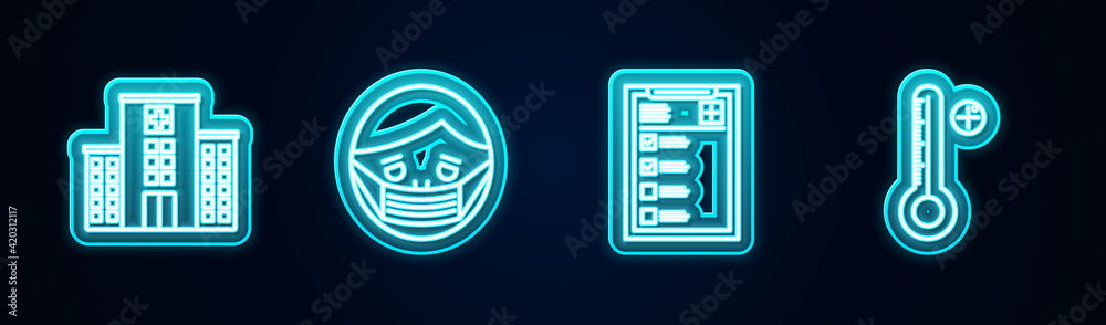 Set line Medical hospital building, Face protective mask, Clinical record and digital thermometer. Glowing neon icon. Vector Set line Medical hospital building, Face protective mask, Clinical record and digital thermometer. Glowing neon icon. Vector