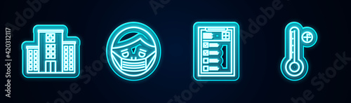 Set line Medical hospital building, Face protective mask, Clinical record and digital thermometer. Glowing neon icon. Vector