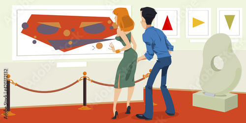 Girl examines an object of art. Modern masterpiece. Modern masterpiece. Illustration for internet and mobile website.