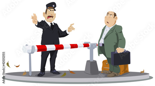 Policeman guards barrier. Closed area. Illustration for internet and mobile website.