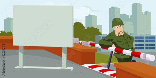 Soldier guards barrier. Closed area. Illustration for internet and mobile website.