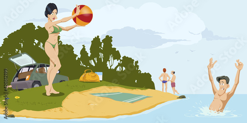 Couple plays ball on beach. Funny people.