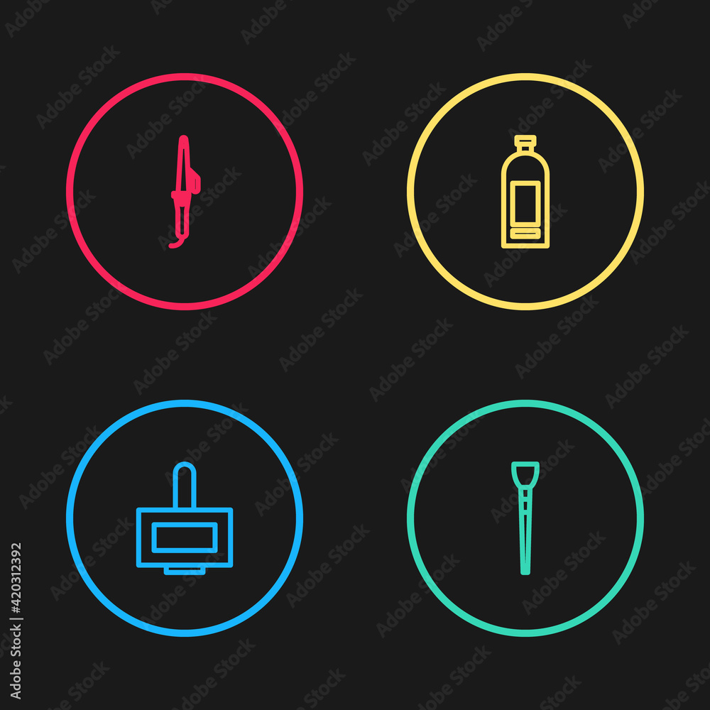 Set line Nail polish bottle, Makeup brush, Bottle of shampoo and Curling iron icon. Vector