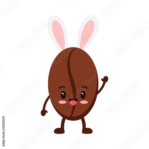 Easter cute coffee bean with bunny ears boy icon isolated on white baclground. Roasted coffee grains easter character with rabbit ears. Flat cartoon vector drink seed clip art illustration.