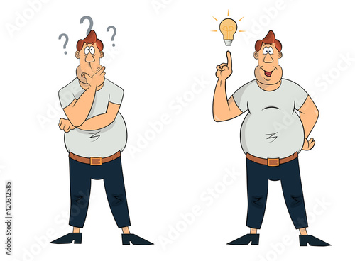 Old cartoon, comic style thoughtful stout man wondering about solution of a problem and find an idea. Heavy man confused, worried but find solution. Vector clip art illustration isolated on white