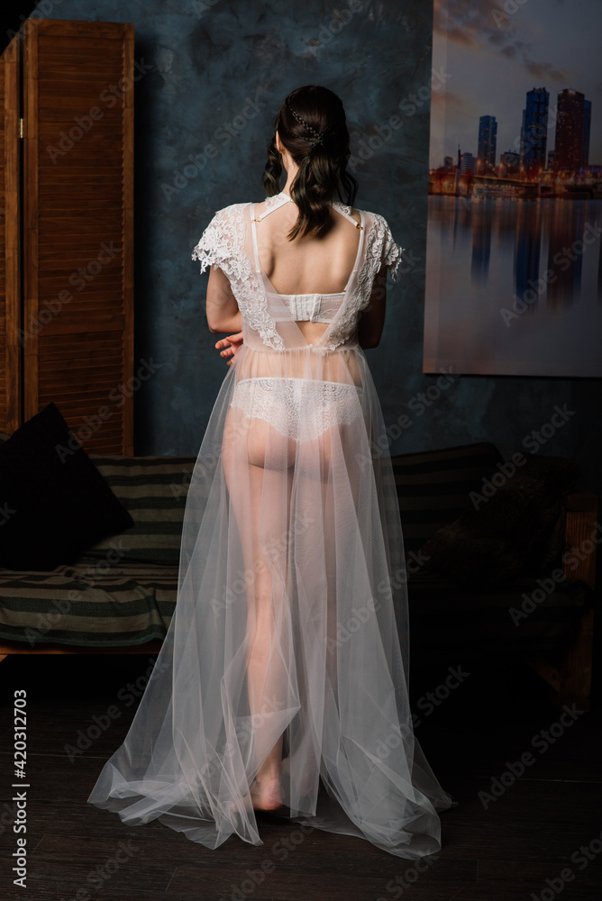 Fototapeta premium Beautiful sexy brunette in underwear posing in a room interior