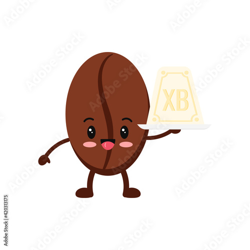 Easter cute coffee bean with curd easter icon isolated on white baclground. Roasted coffee grain easter character with sweet chesse cottage dessert. Flat cartoon vector seed clip art illustration.