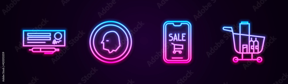 Set line Bank check and pen, Coin money, Mobile phone shopping cart and Shopping food. Glowing neon icon. Vector Set line Bank check and pen, Coin money, Mobile phone shopping cart and Shopping food. Glowing neon icon. Vector