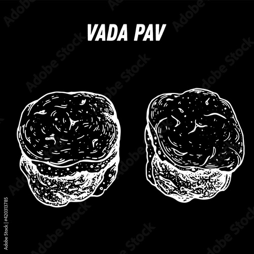 Vada Pav sketch, Indian food. Hand drawn vector illustration. Sketch style. Top view. Vintage vector illustration.