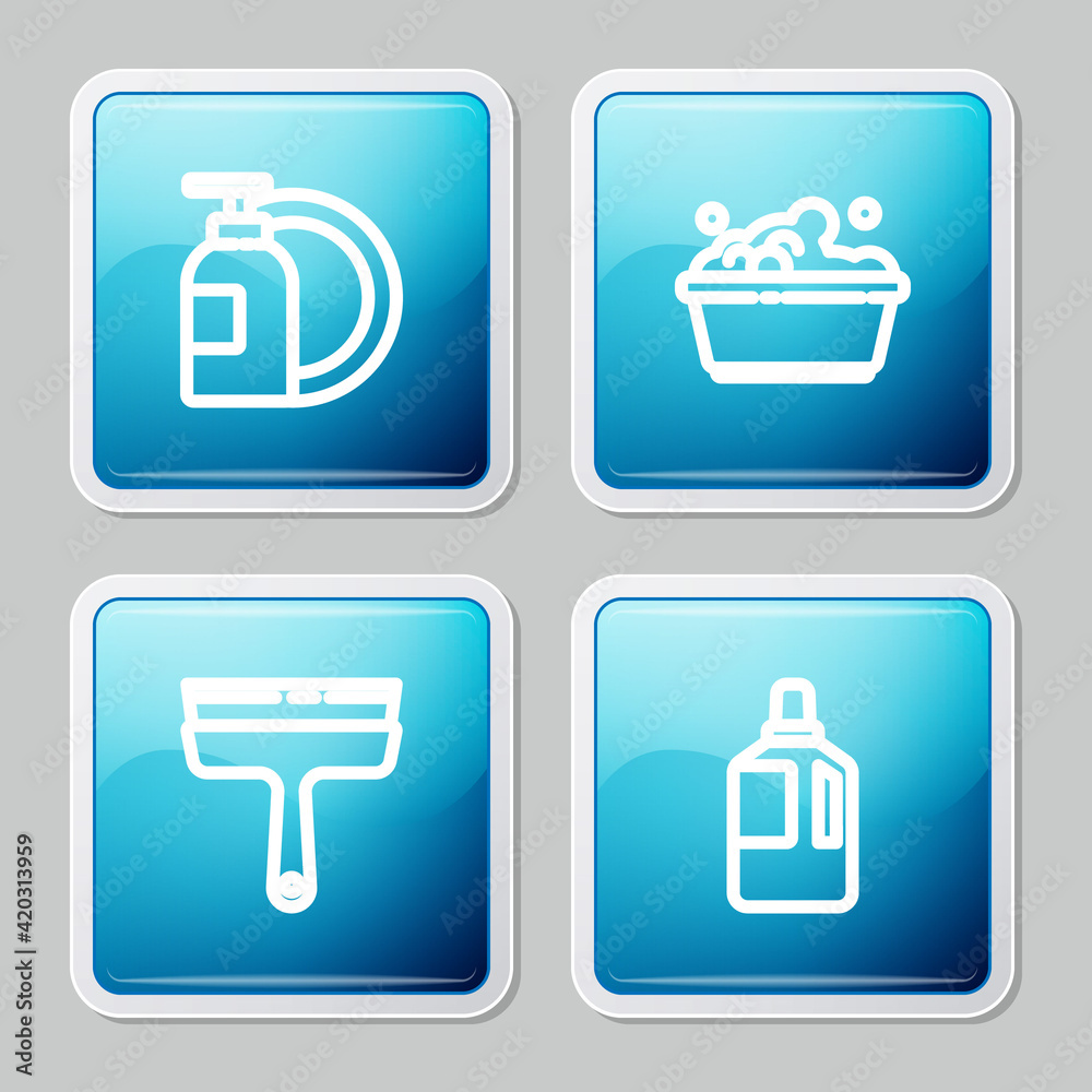 Set line Dishwashing liquid bottle and plate, Plastic basin with soap suds, Rubber cleaner for windows and Fabric softener icon. Vector Set line Dishwashing liquid bottle and plate, Plastic basin with soap suds, Rubber cleaner for windows and Fabric softener icon. Vector